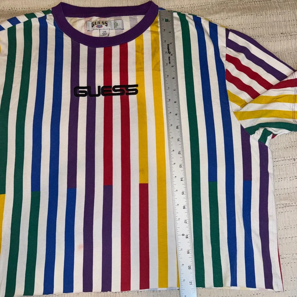 Guess x J Balvin Colores Striped T-Shirt Mens Large Multi Color Embroidered Logo - Picture 6 of 8